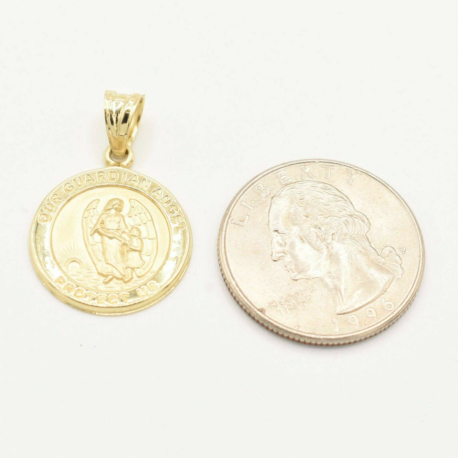 1″ Textured Guardian Angel Medallion Pendant Real 10K Yellow Gold