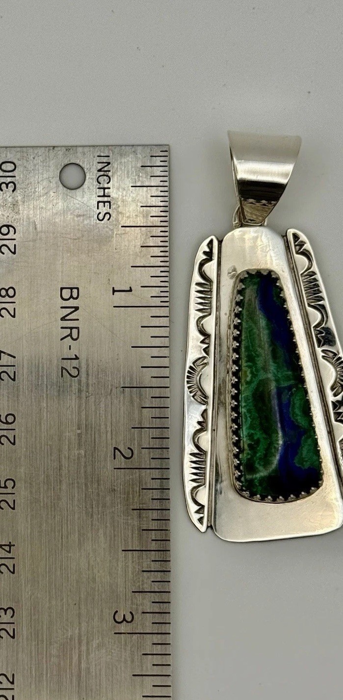 Navajo Sterling Silver Stamped Azurite Malachite Pendant Gerald Mitchell
