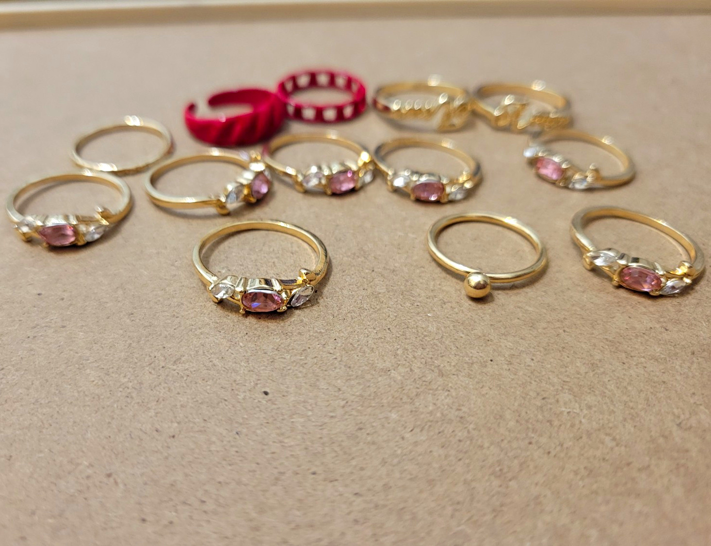 Gold Tone Prong-Set Pink Round Crystal Band Ring Lot, Size 7 New with Tags