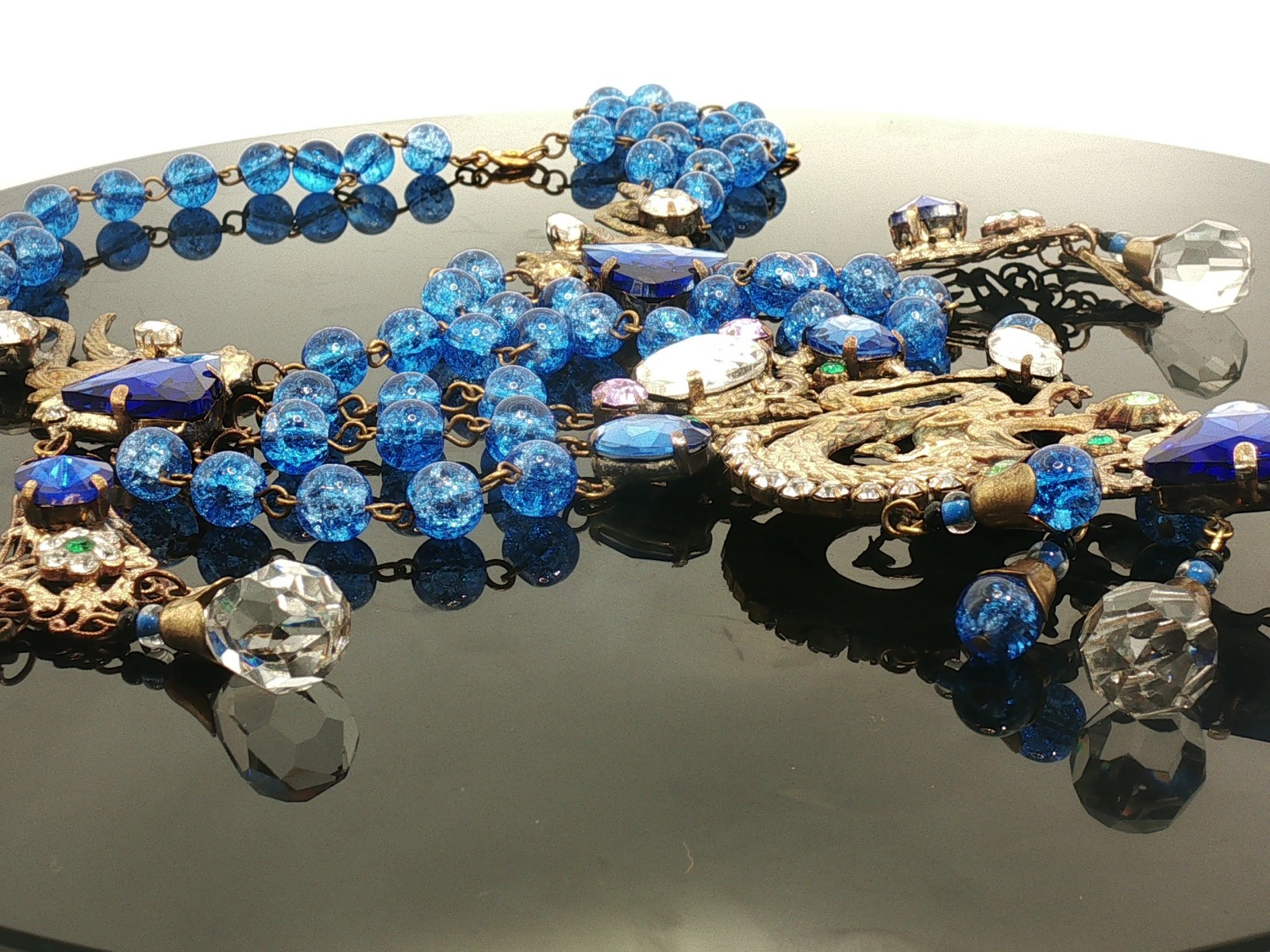 Vintage Czech Glass Necklace Blue Beads Multi Strand Dragon Motif Statement