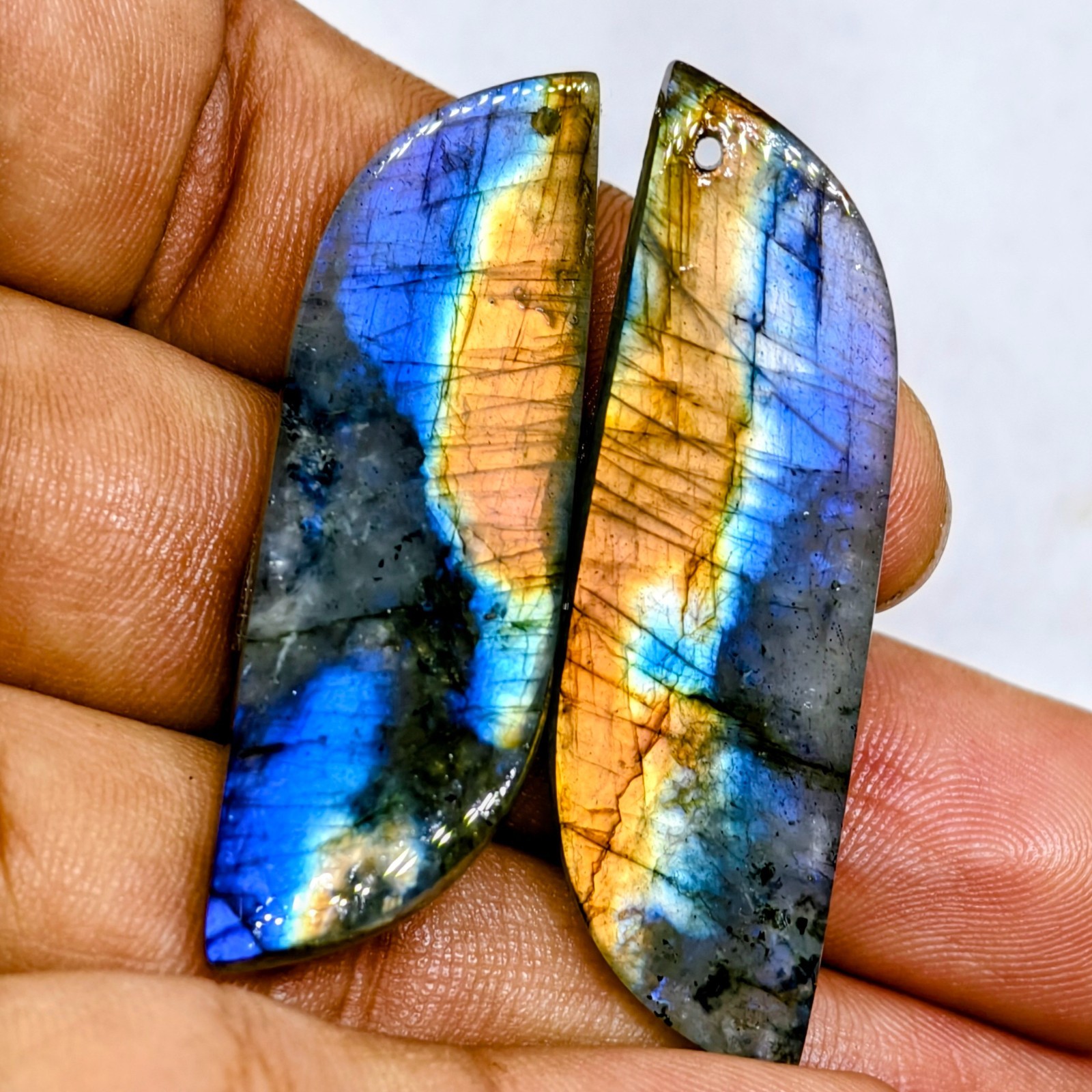 55 Cts Natural Labradorite Drilled Match Pair Cabochon Gemstone 47.4 X 14.2 MM