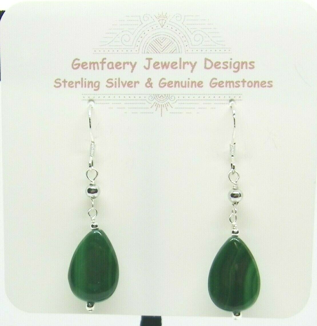 Sterling Silver Natural MALACHITE Gemstone Dangle Earrings #1272…Handmade USA