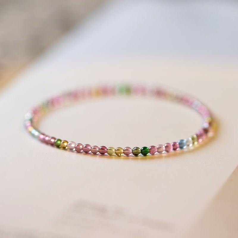 Natural 3mm Tourmaline Stone Dainty Bracelet Rainbow Gemstone Stretch Bracelet