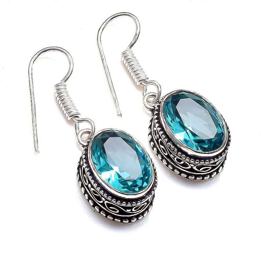Swiss Blue Topaz Gemstone Handmade 925 Sterling Silver Jewelry Earring Sz 1.2”