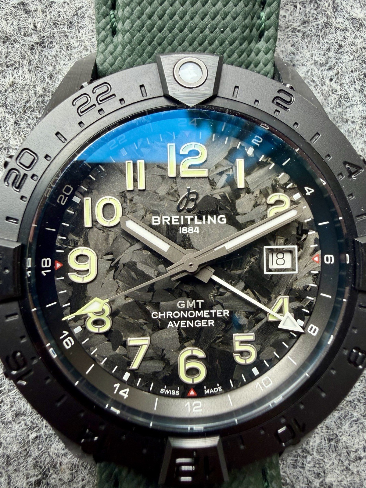 Breitling Avenger Automatic GMT 44mm Black Dial Green Leather Strap 300m