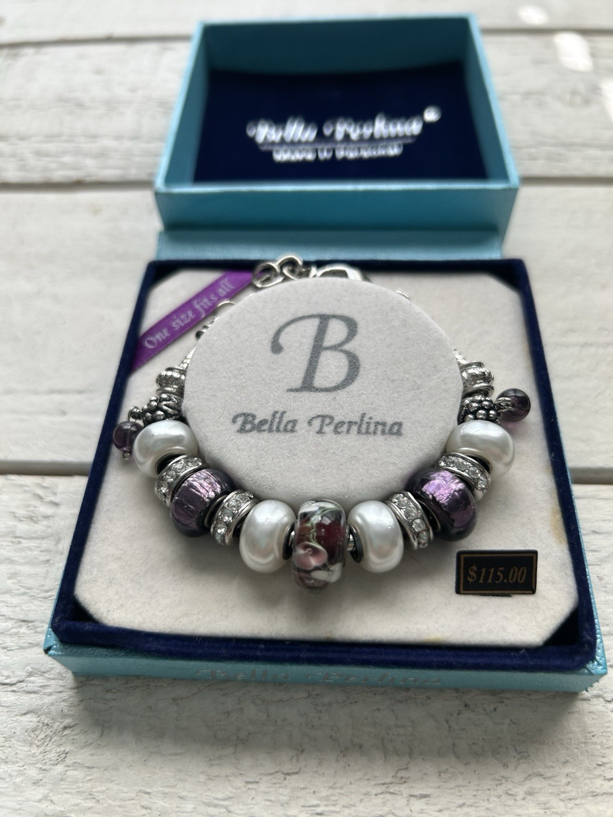 Bella Perlina Silver Tone Charm Bead Bracelet Lobster w/ Pearl Glass Beads
