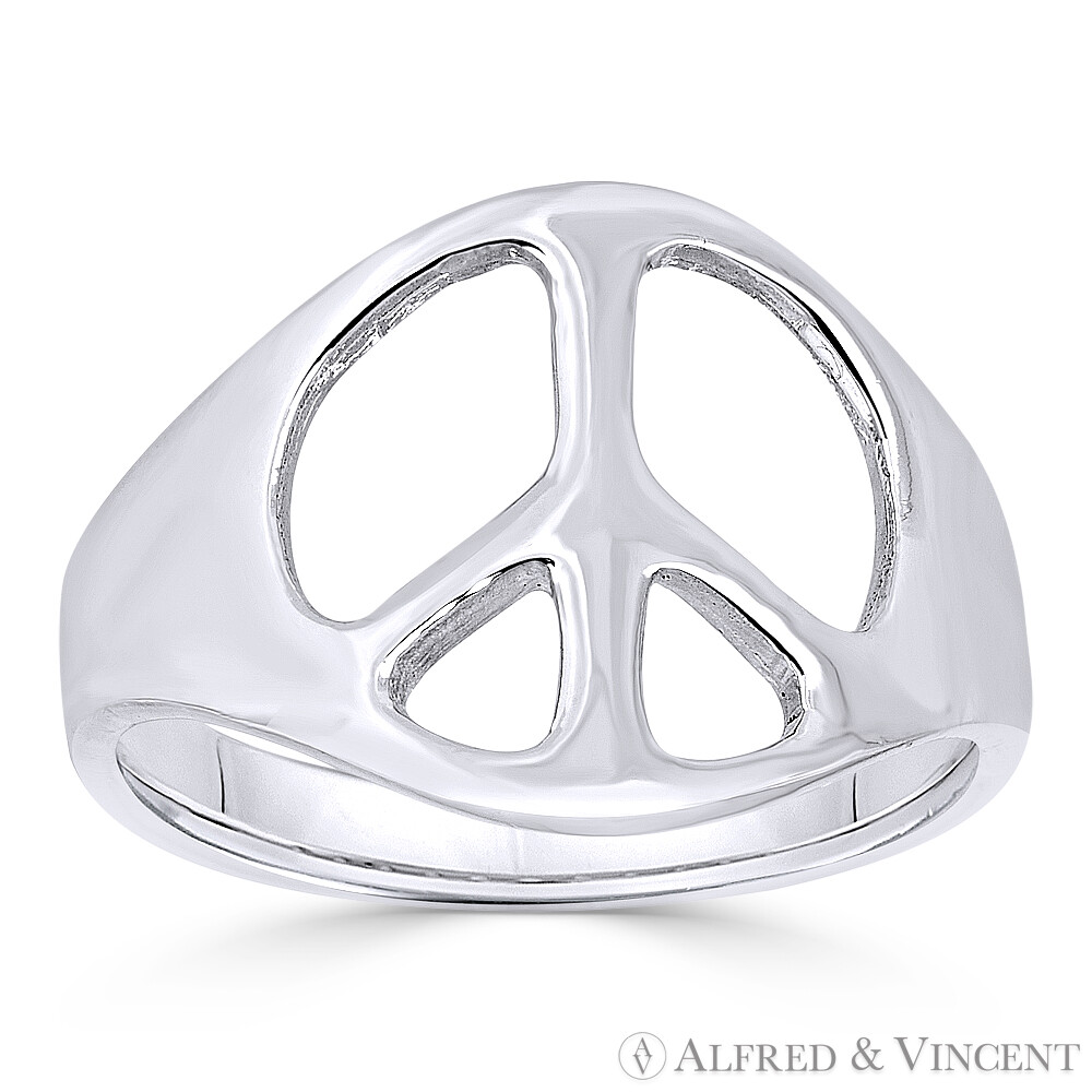 Peace Sign 13mm Charm Hippie Symbol Right-Hand Ring Band in .925 Sterling Silver