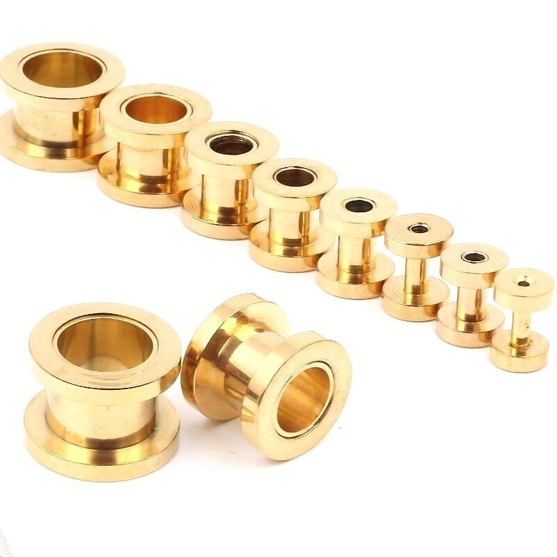 PAIR GOLD 316L STEEL SCREW ON FIT FLESH TUNNELS EAR PLUGS GAUGES 00G 0G 2G 4G 6G