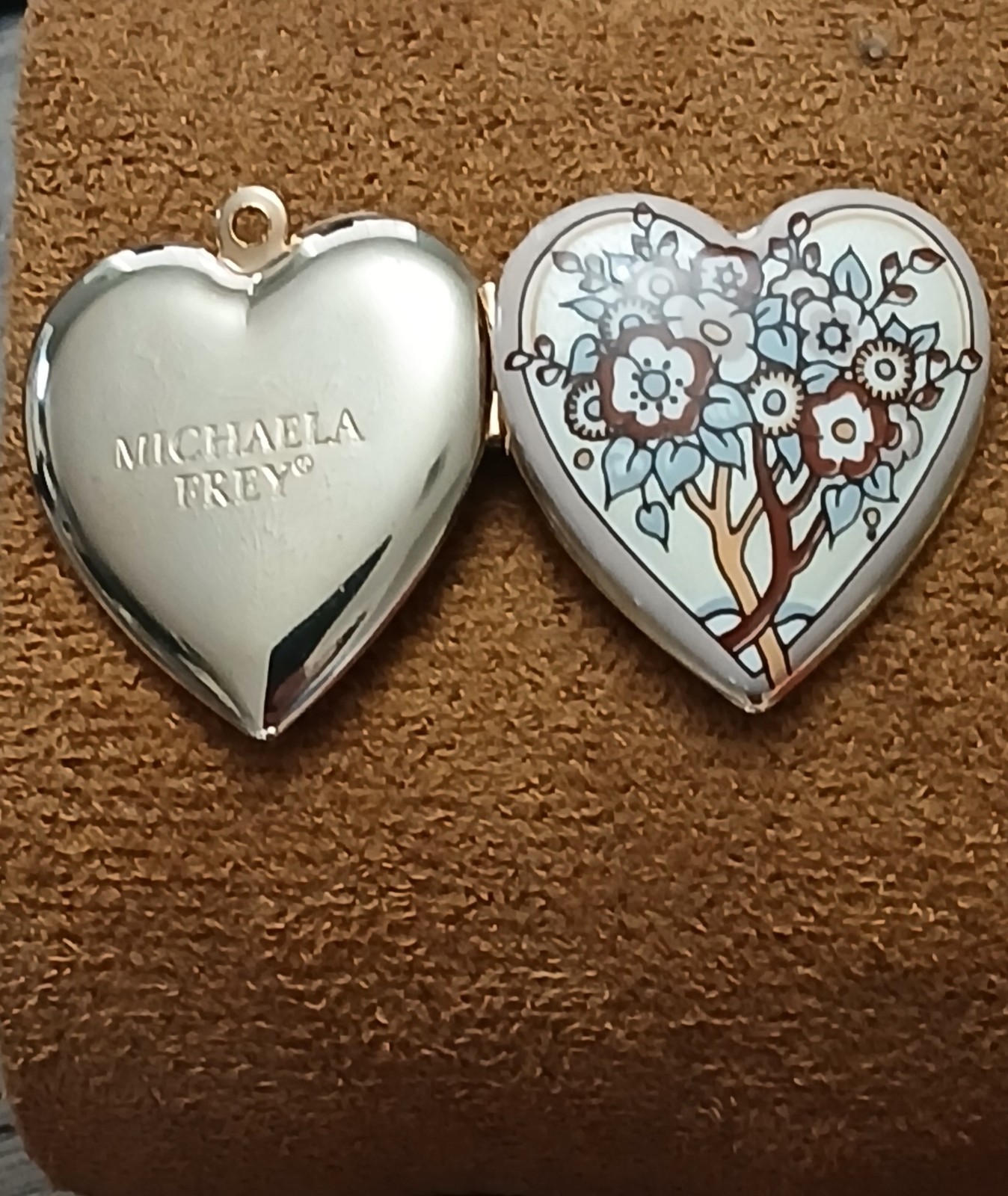 Michaela Frey Heart Locket Pendant Floral Enamel Gold Tone Signed