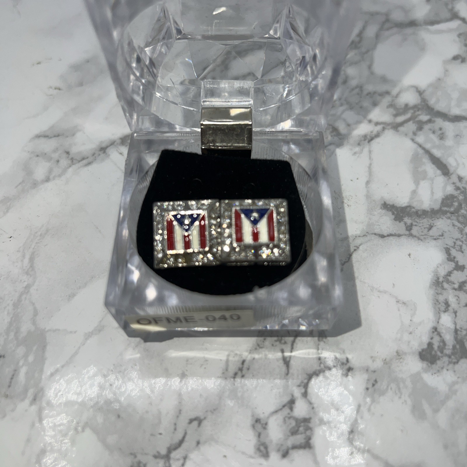 PUERTO RICO FLAG Stud Cube Earrings Silver Tone Rhinestones-NEW!