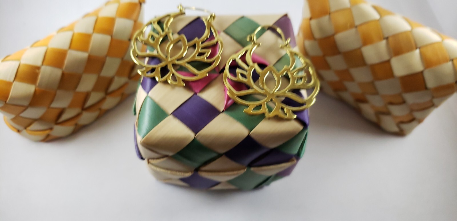 Handmade Southeast Asia Cambodia Ethnic Lotus Flower Hinged Earrings Jewelry