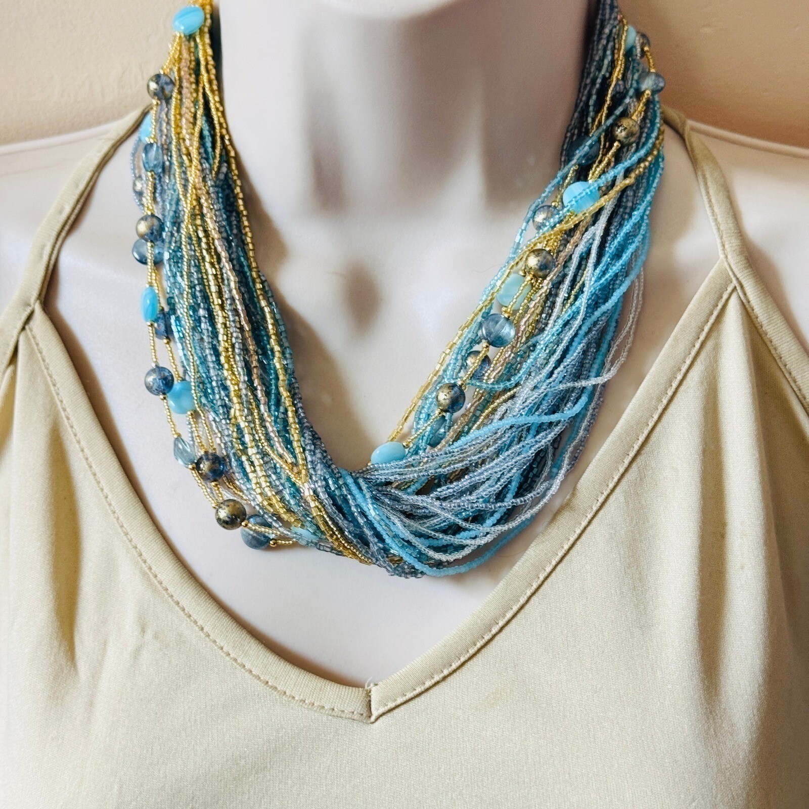 VTG Runway Regal Necklace Bracelet set multi use Glass cabochon Blue Jeweled 80s