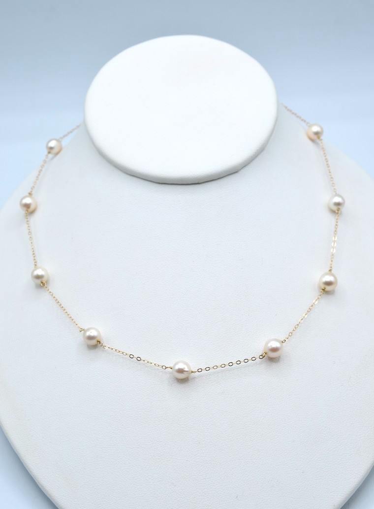 Vintage 14k Gold & White Pearl Necklace – 10 Pearls ~6.9mm – 16.25″ – 5.5g