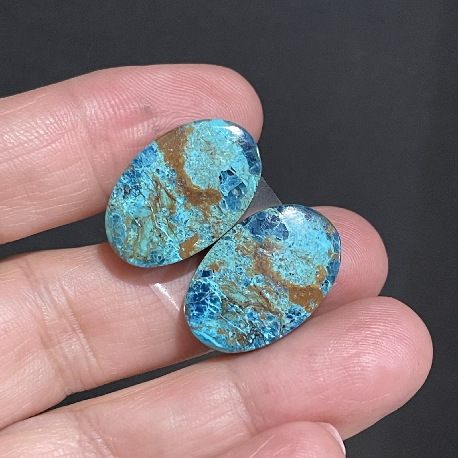 31ct 22×14.5×5.4mm Pair Of Green Blue Shattuckite Oval Cabochons Gems