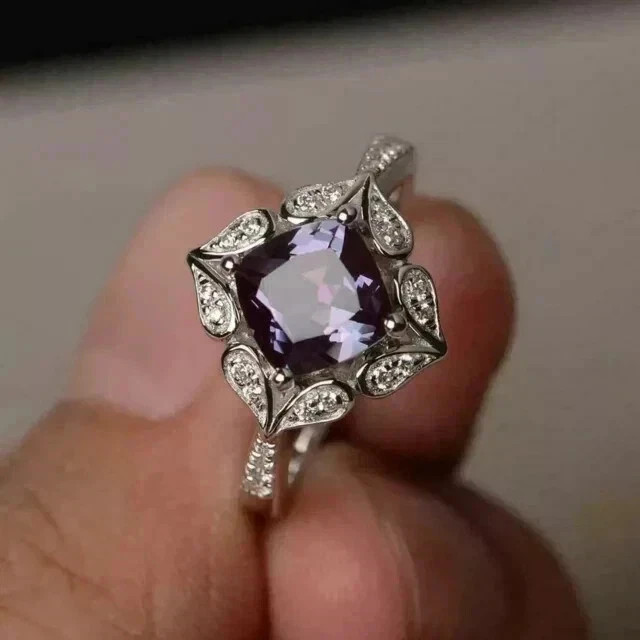 2.00 Ct Cushion Cut Natural Alexandrite & Diamond Wedding Ring 14K White Gold