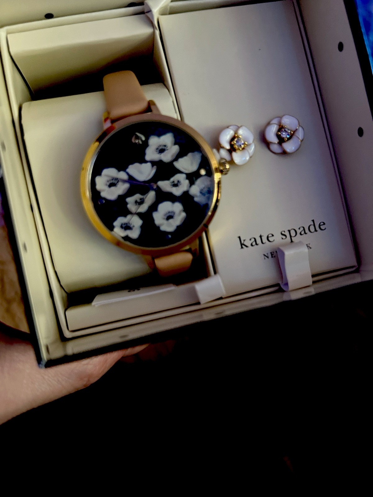 Kate Spade Floral Watch & Earrings Set Leather Metal Enamel Beige Gold