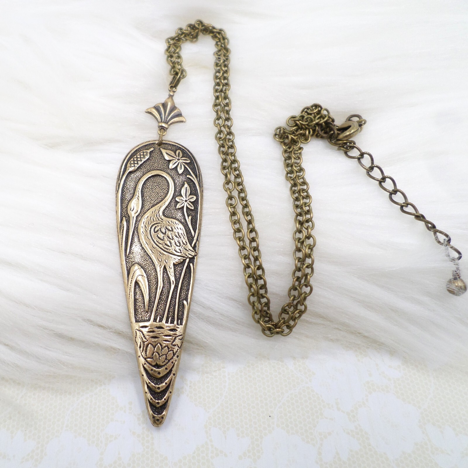 Antique Brass Heron Crane Pendant Necklace, Art Nouveau Bird Lover Gift Idea