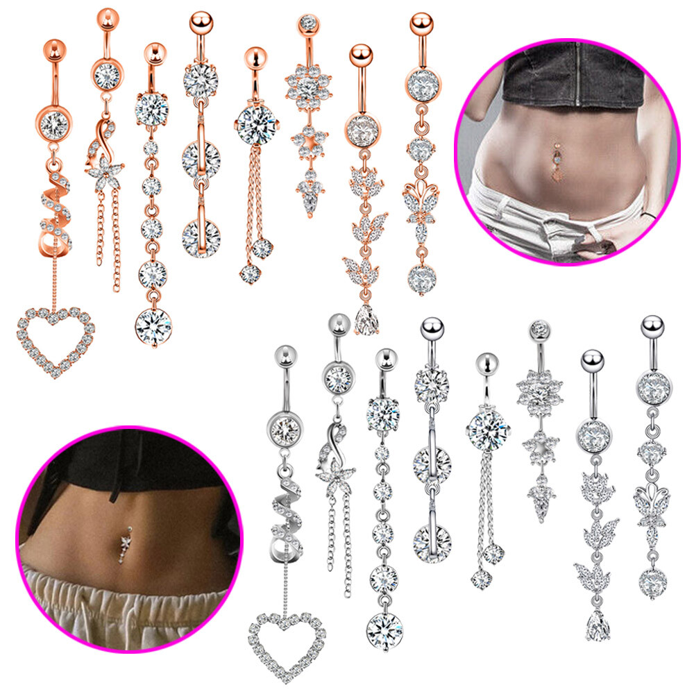 14G Dangle Belly Button Rings 3-10PCS Surgical Steel Gems Curved Navel Rings Set