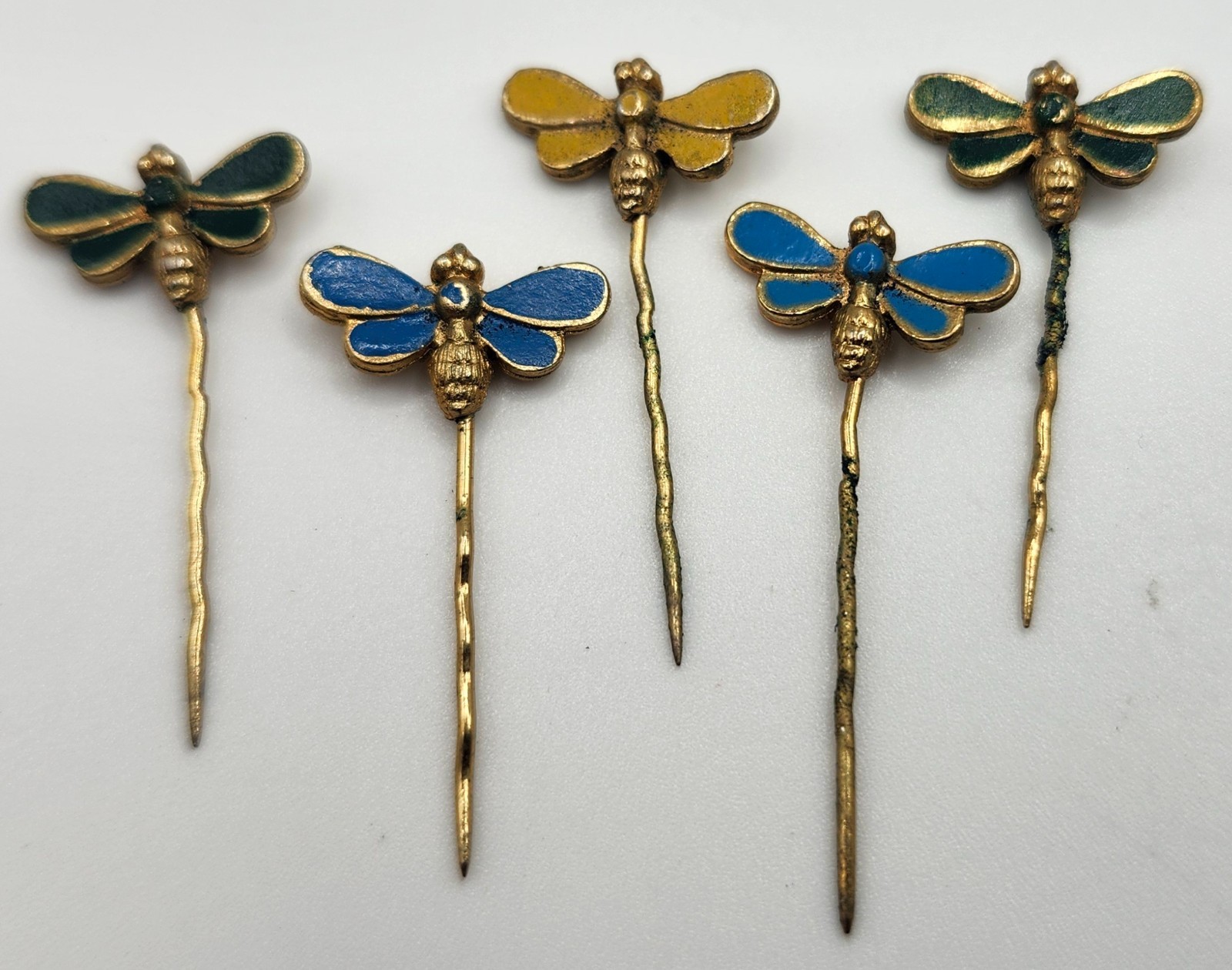 Vintage Dragonfly Insect Pin Set of 5 Metal and Enamel 1″ long