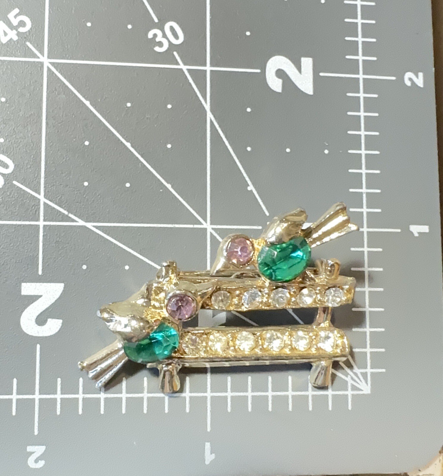 Lovebirds Birds on Fence Brooch Rhinestone Green Pink Gold Vintage Mid Century