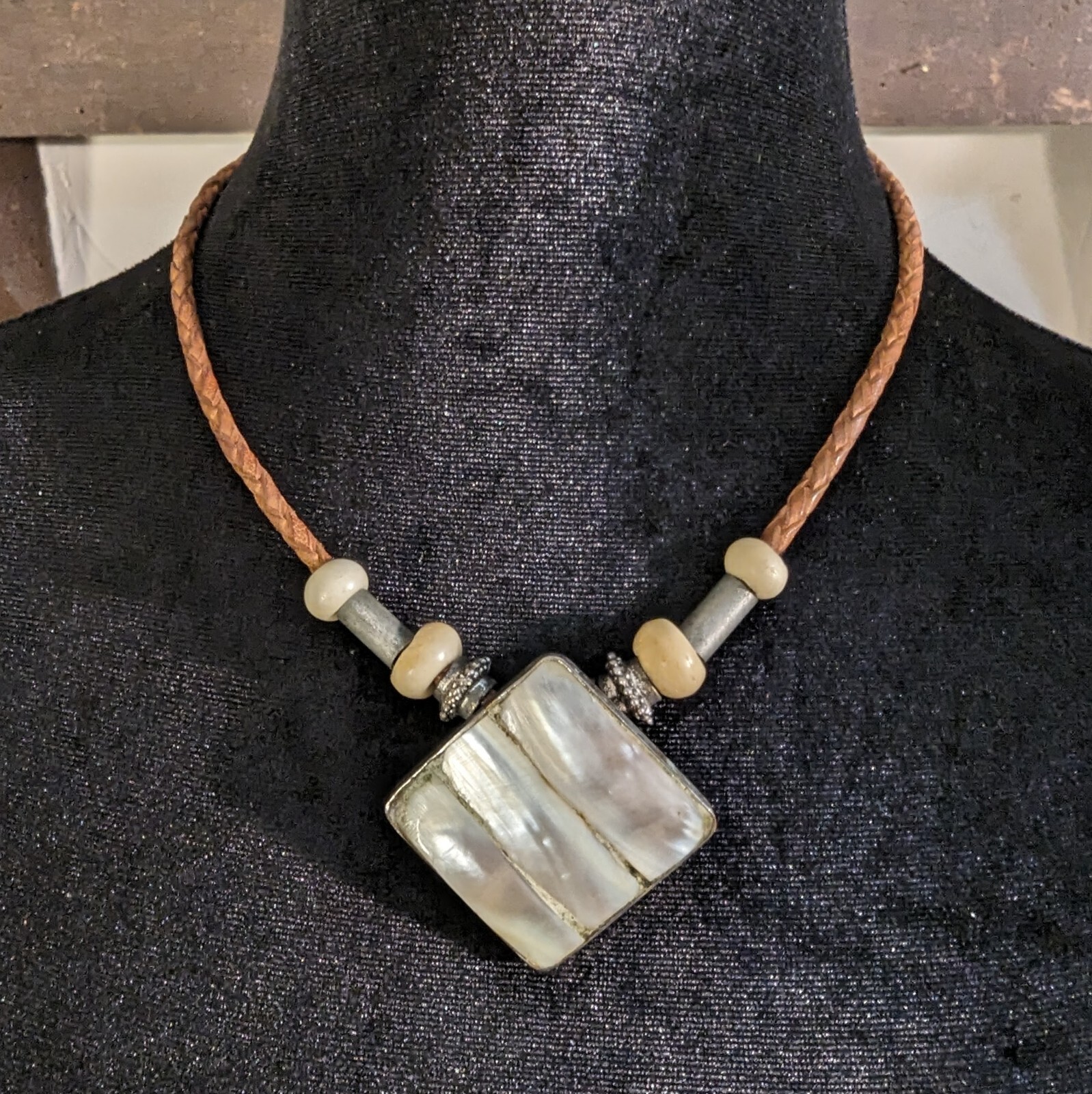 Artisan Braided Leather Cord Bone Beads Large Mother of Pearl Medallion Choker