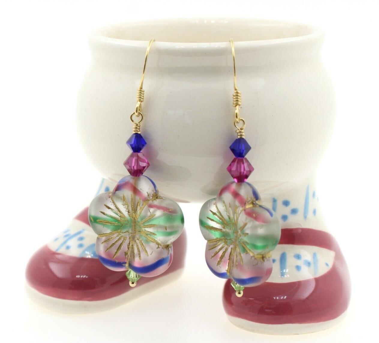 Flower Earrings Seaglass Glass Stripes Blue Green Pink Swarovski Vermeil Gold