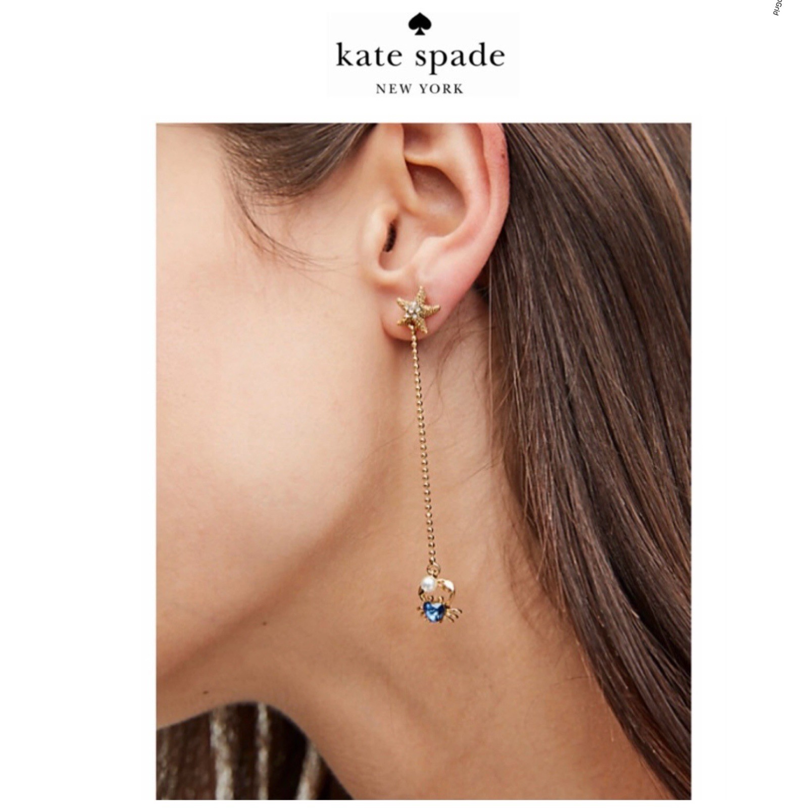 NWT Kate Spade SEA STAR CRAB 12-K Gold Plated CZ Stone/Glass Pearl Drop Earrings