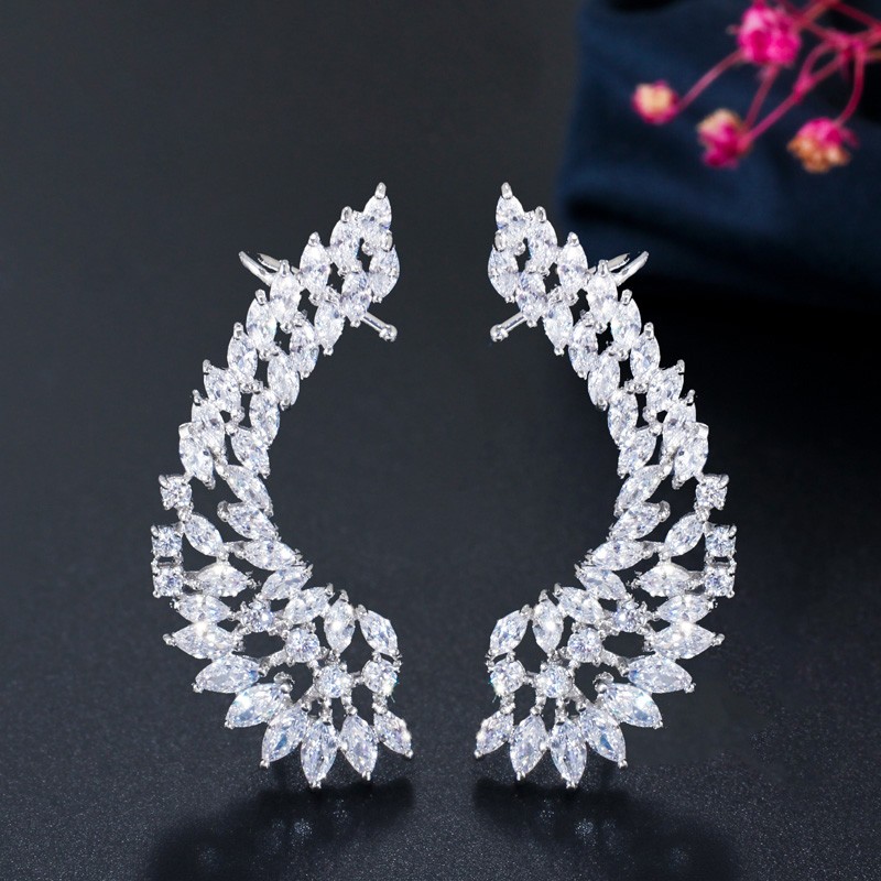 Silver Plated Cubic Zircon Symmetrical Stud Ear Cuff Climber Earrings for Women