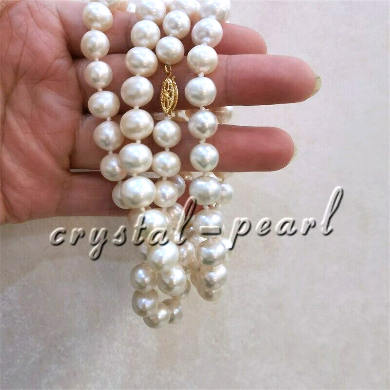 36″ Opera Length 9-8mm Akoya White Pearl Necklace 14k Yellow Gold Clasp