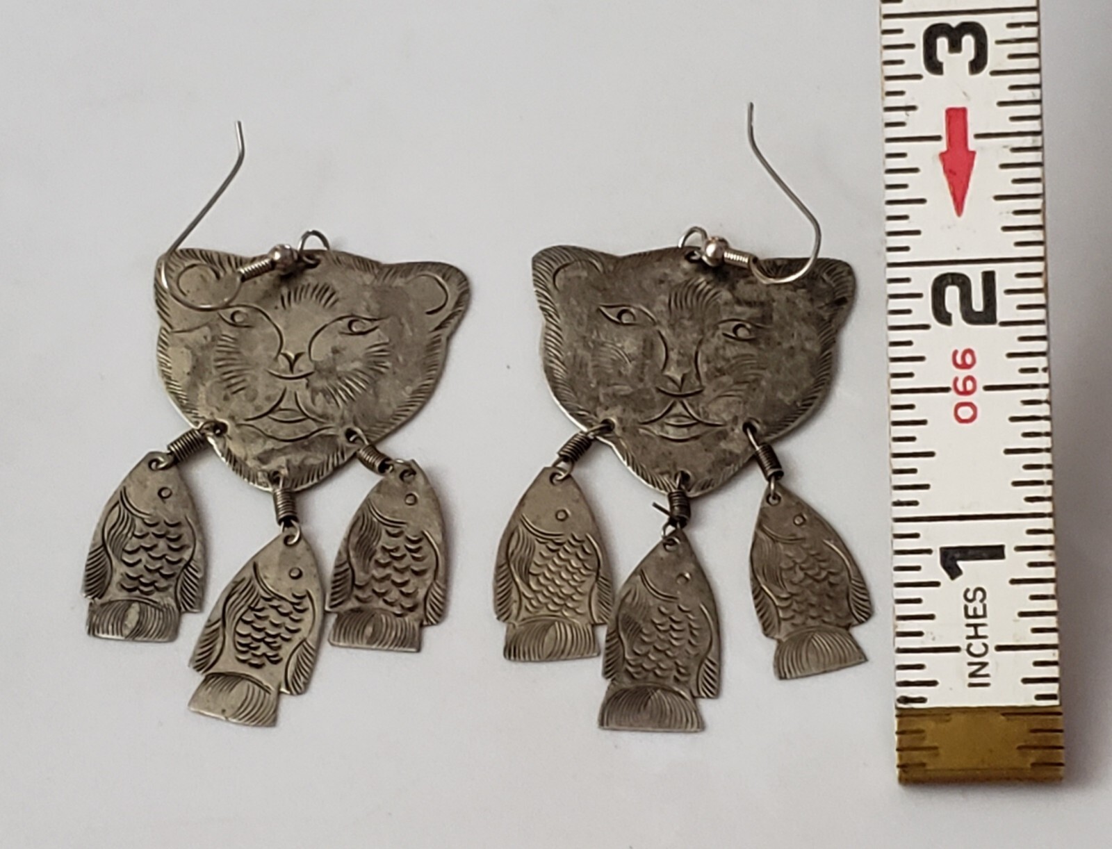 Vintage Handmade Silvertone Turkmen Turkish Eithnic Cat Earrings w/ Dangle Fish