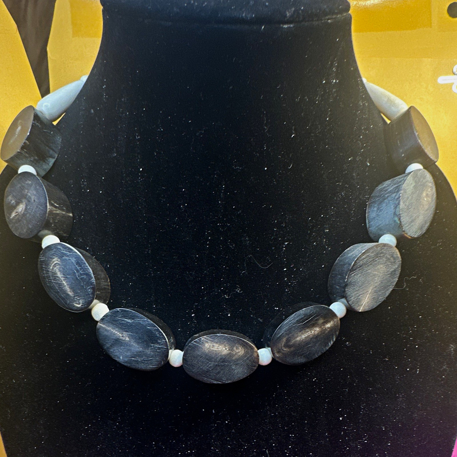 Black & White Beaded Necklace, Oval & Round Wood/Plastic Beads, Barrel Clasp