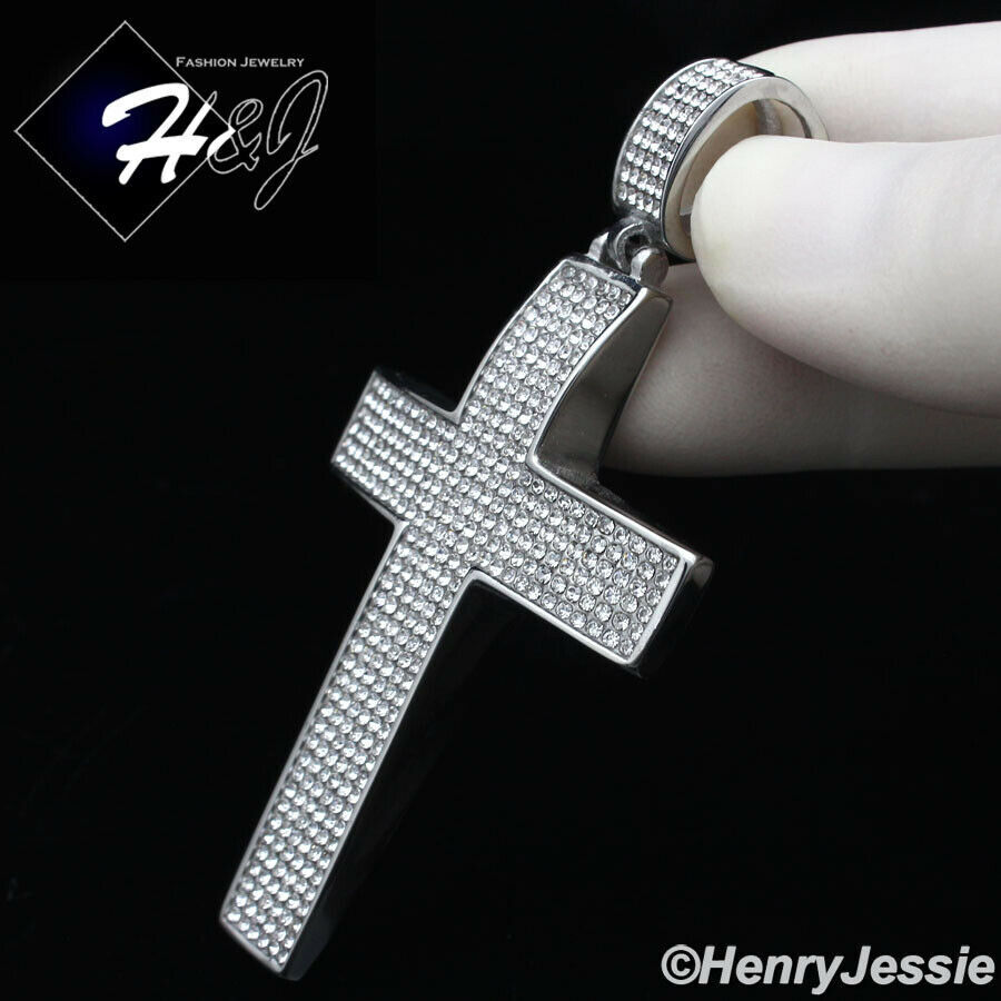 18″-40″MEN Stainless Steel 5mm Silver Box Link Chain ICY CZ Cross Pendant*IP21