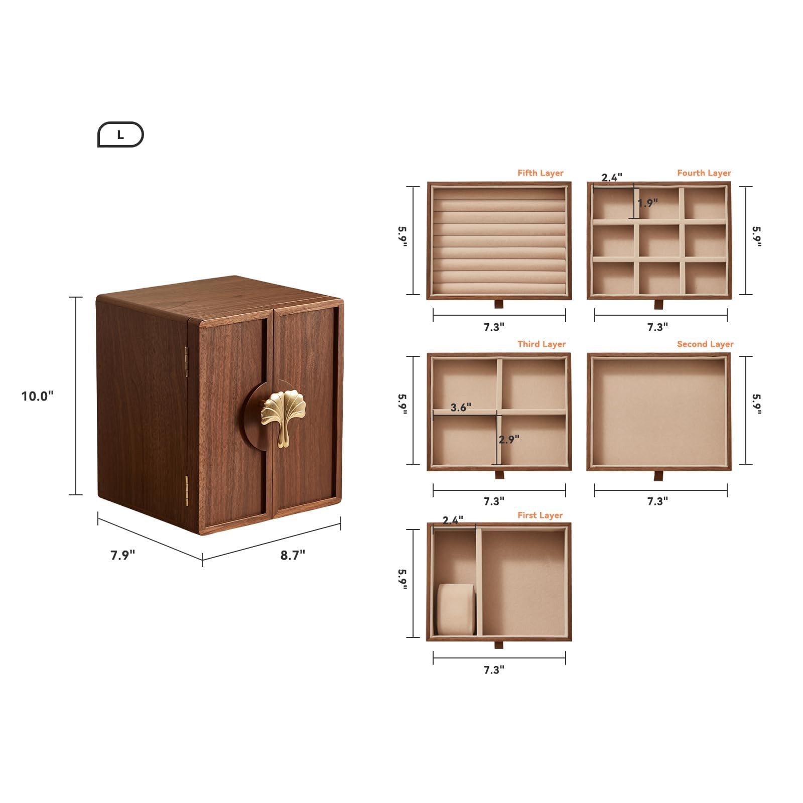 Black Walnut Wooden Jewelry Box 5 Layer Large Wood Jewelry Organizer Brass Ha…