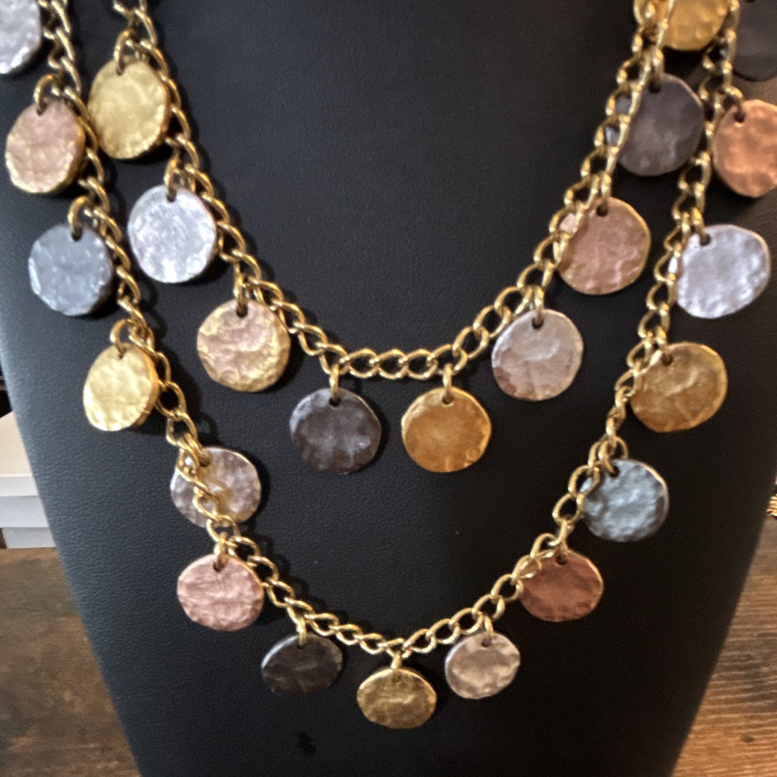 KJL Signed Multicolor Layered Cable Chain Coin Disc Charm Necklace Hook (35 in)