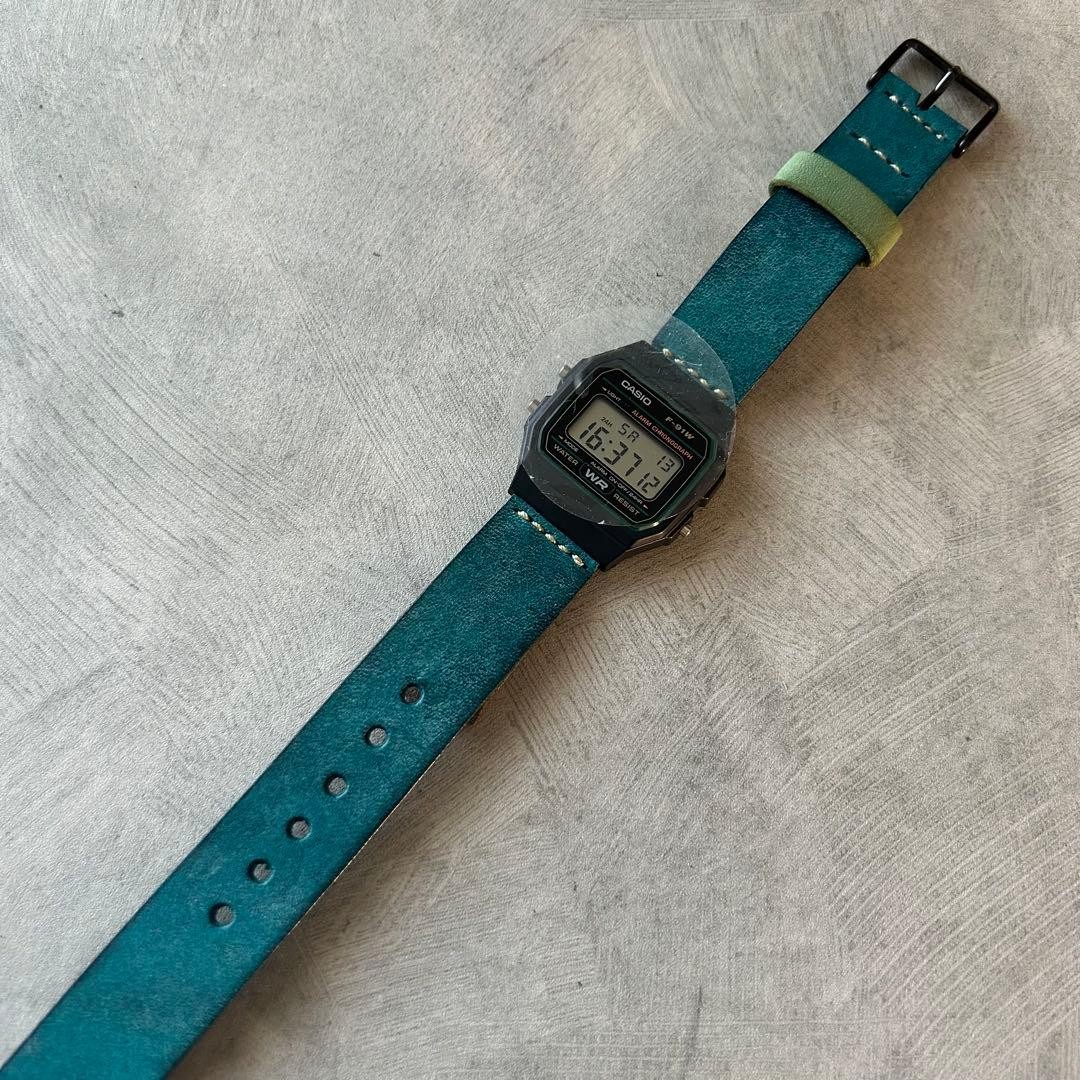 CASIO F 91W leather belt custom Marugo wax turquoise
