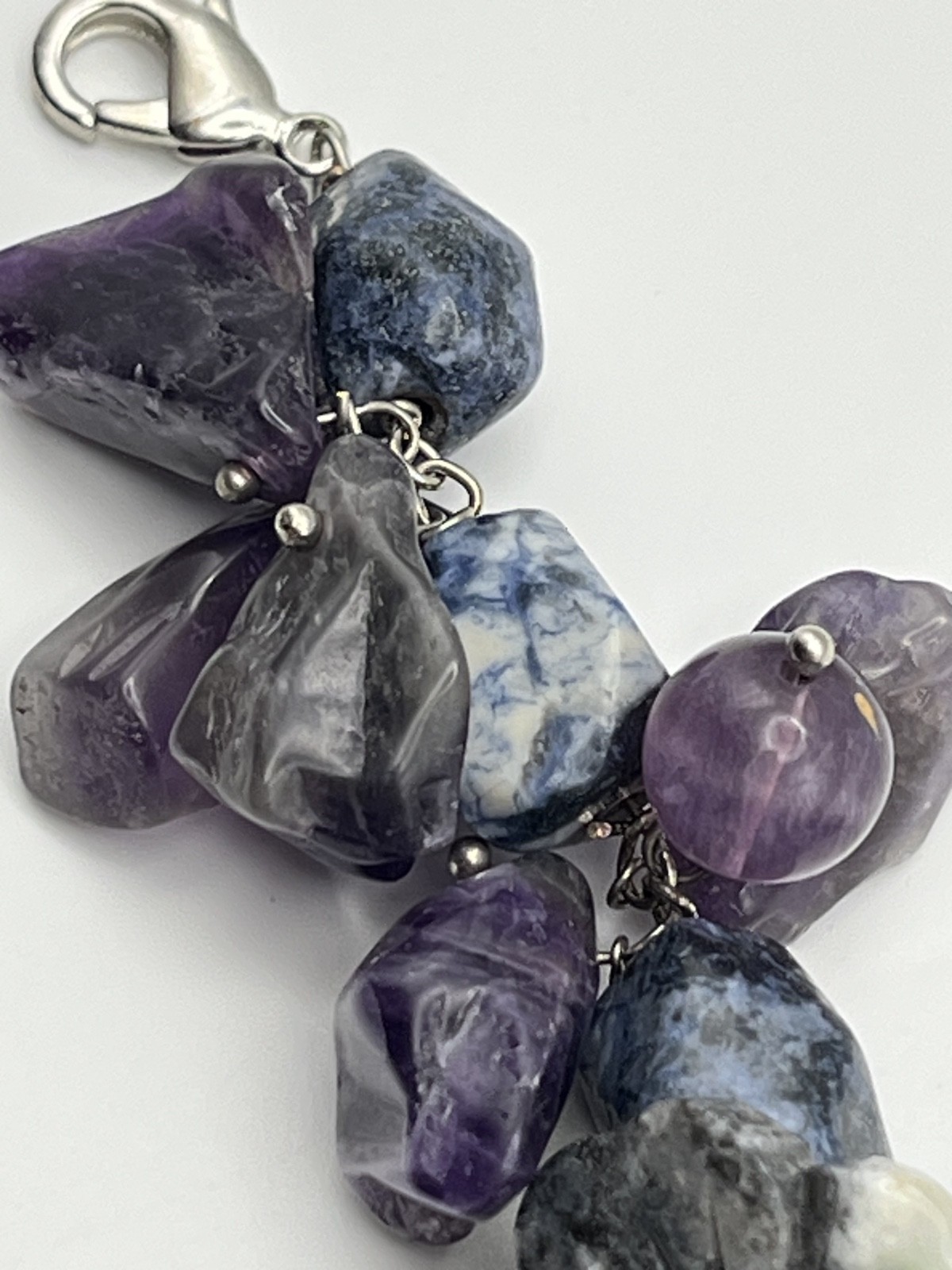 Amethyst Sodalite Purple Blue Flowers Beaded Bracelet Charm Wide Adjustable