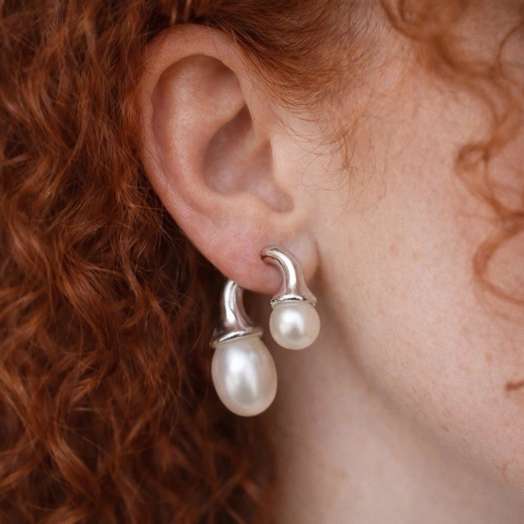 Pearl Earrings Silver Front Back Statement Boho Geometric CZ Modern Contemporary