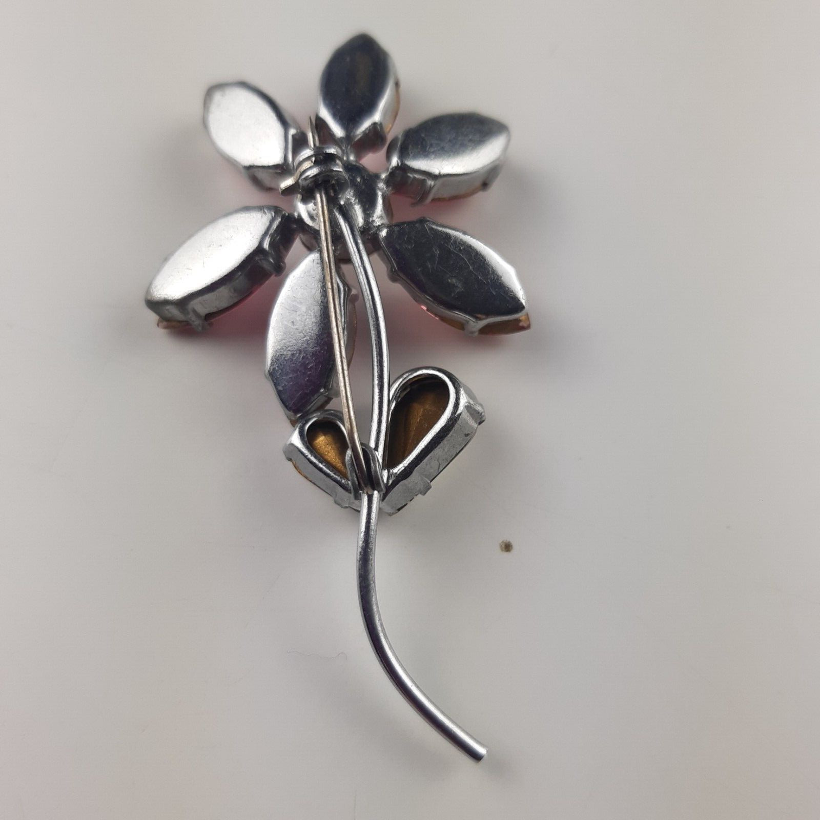 Flower Brooch Silver Tone Clear and Pink Petals 2 1/2 inches