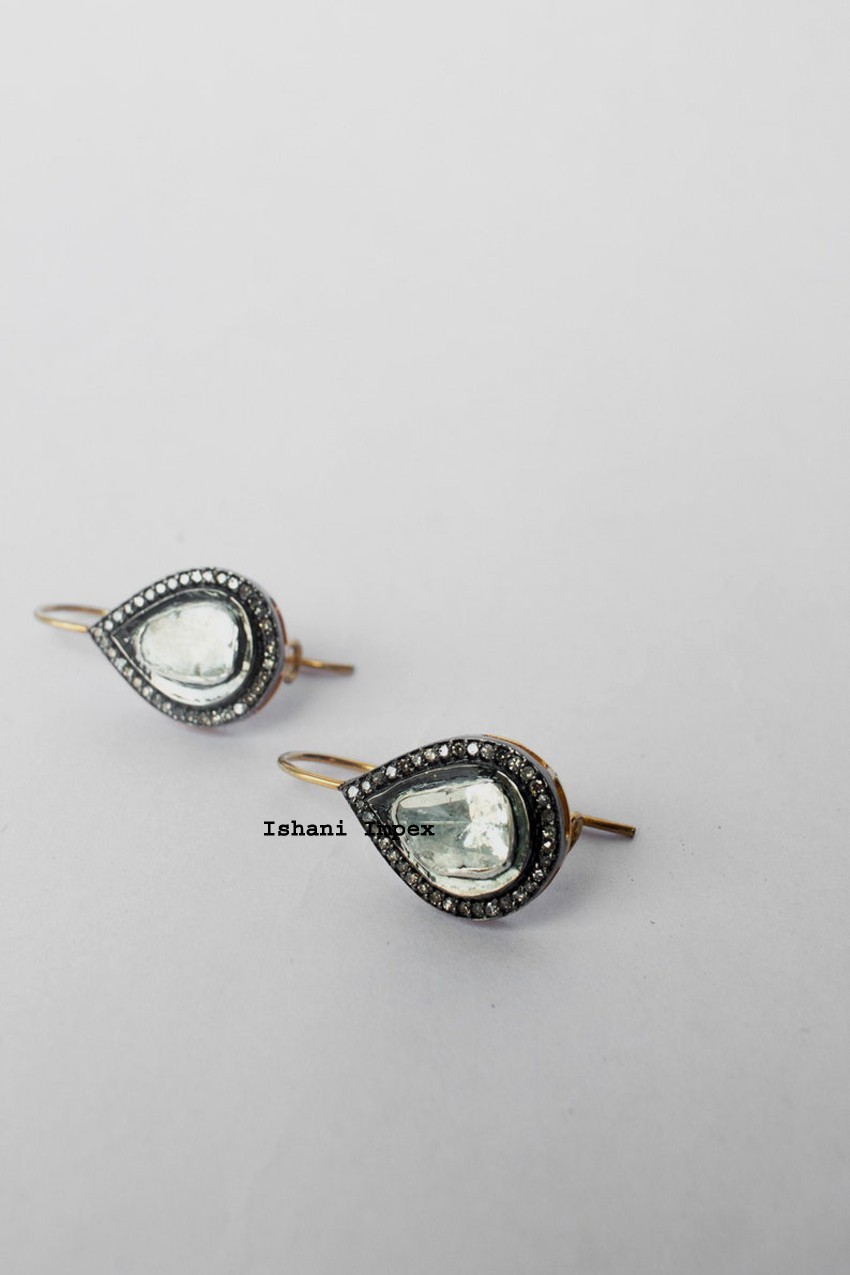 Rosecut Diamond Uncut Diamond Polki 925 Streling Silver Earring Jewelry