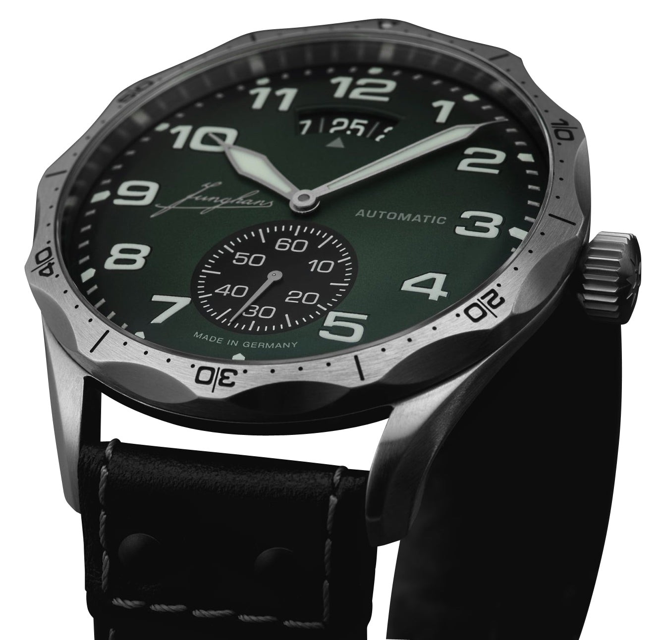 Junghans Pilot Automatic Steel Green Dial Black Leather Mens Watch 27/4495.00