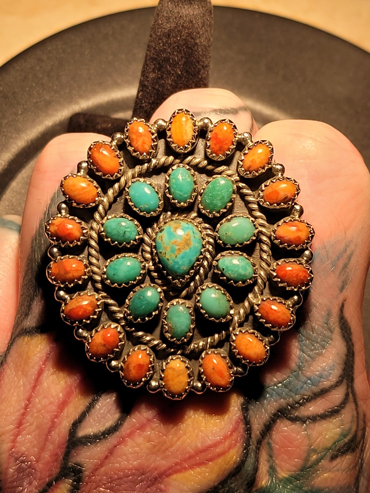 Turquoise & Orange Mojave SS 925 Adjustable Handmade Statement Ring -closed back