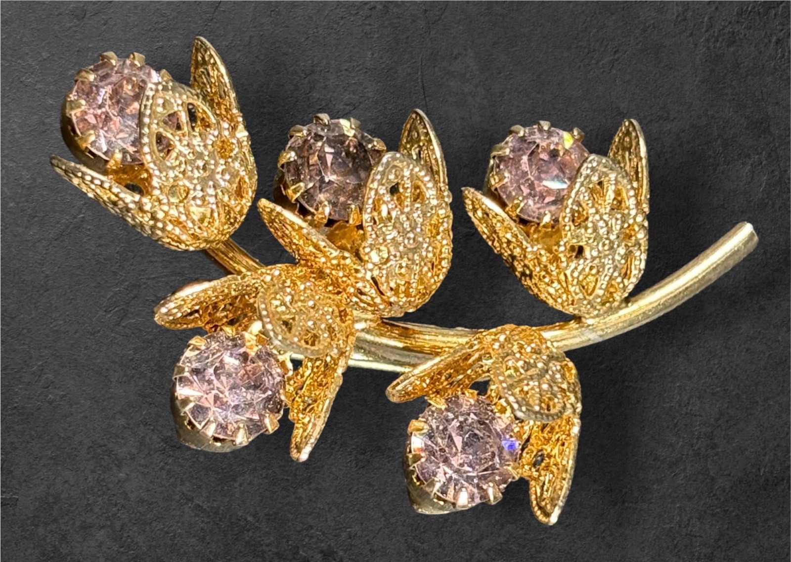Vintage Gold Tone Filigree Flower Brooch Lavender Rhinestone Pin Unsigned