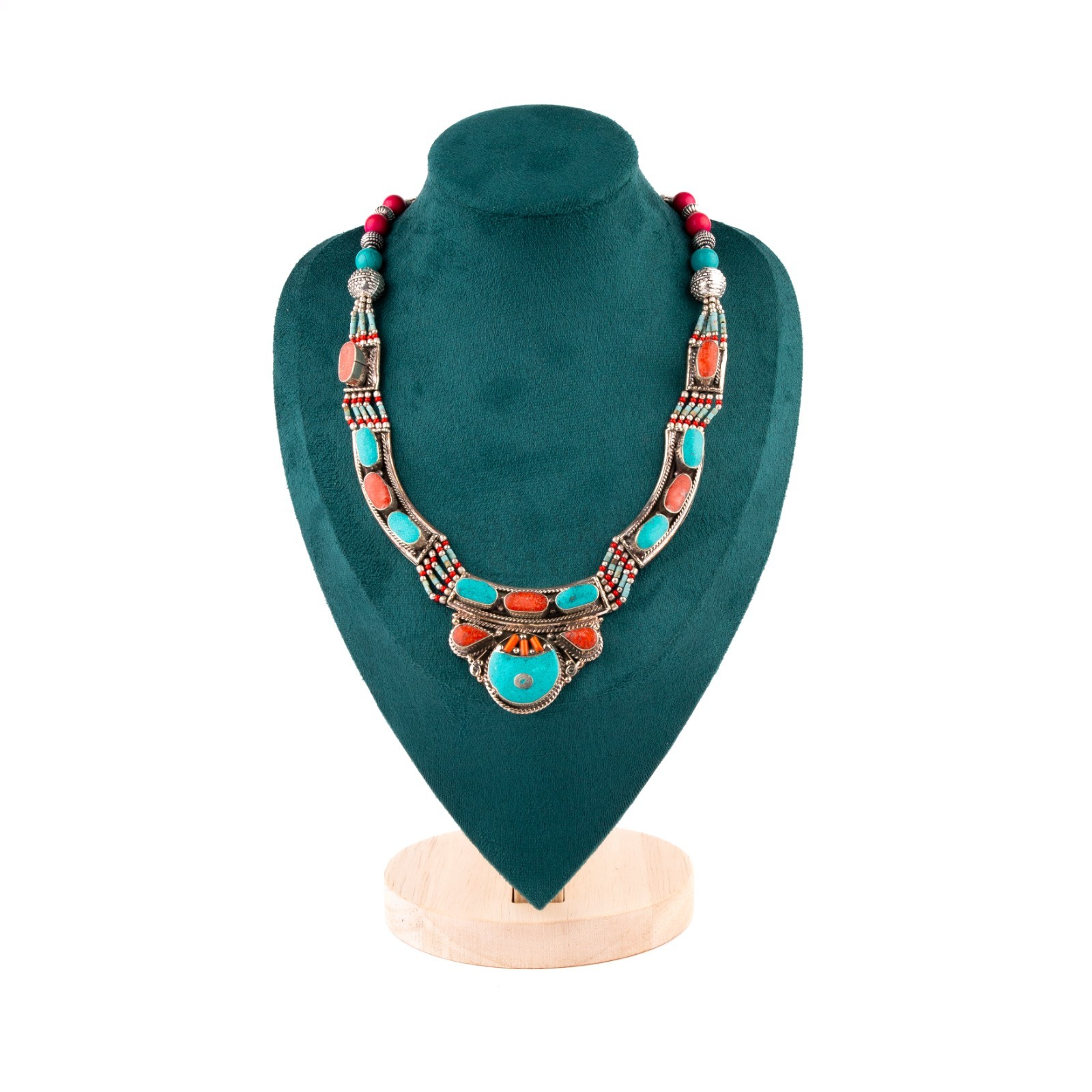 Tibetan Necklace Turquoise Coral Gemstone, Handmade Antique Tribal Statement