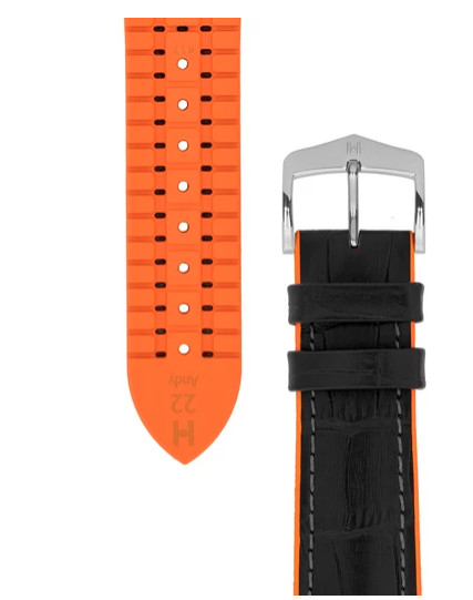 18MM Hirsch ANDY Calf Skin & Premium Caoutchouc Black & Orange Watch Strap NEW