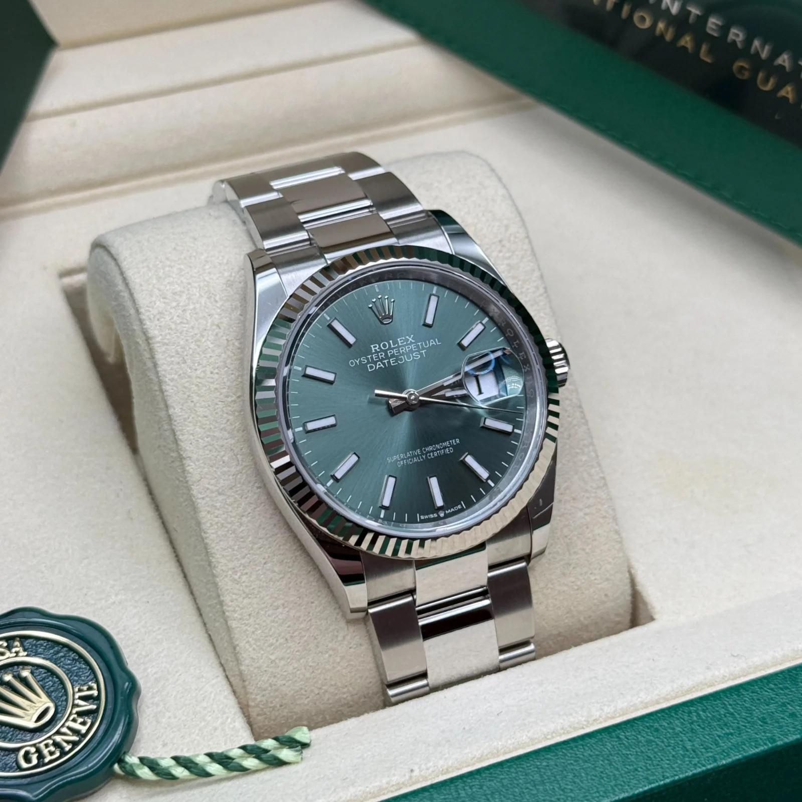 2026 New, unworn Rolex Datejust 36mm Fluted Bezel, Mint Green Dial. Ref. 126234