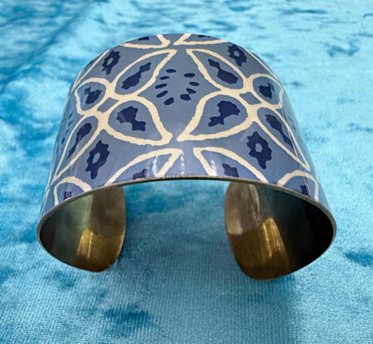 Blue & White Enamel Brass Cuff Bracelet, Stackable Art Theme