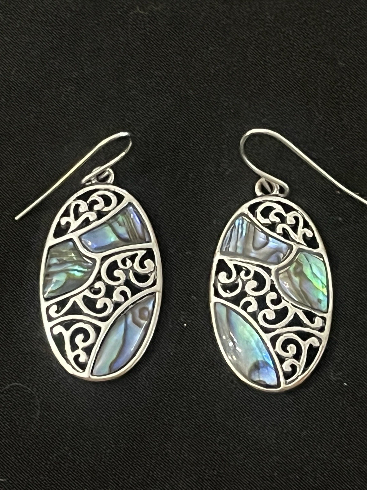 Abalone Shell Heart Pendant Necklace & Earrings Set Silver Tone Filigree 15–19”