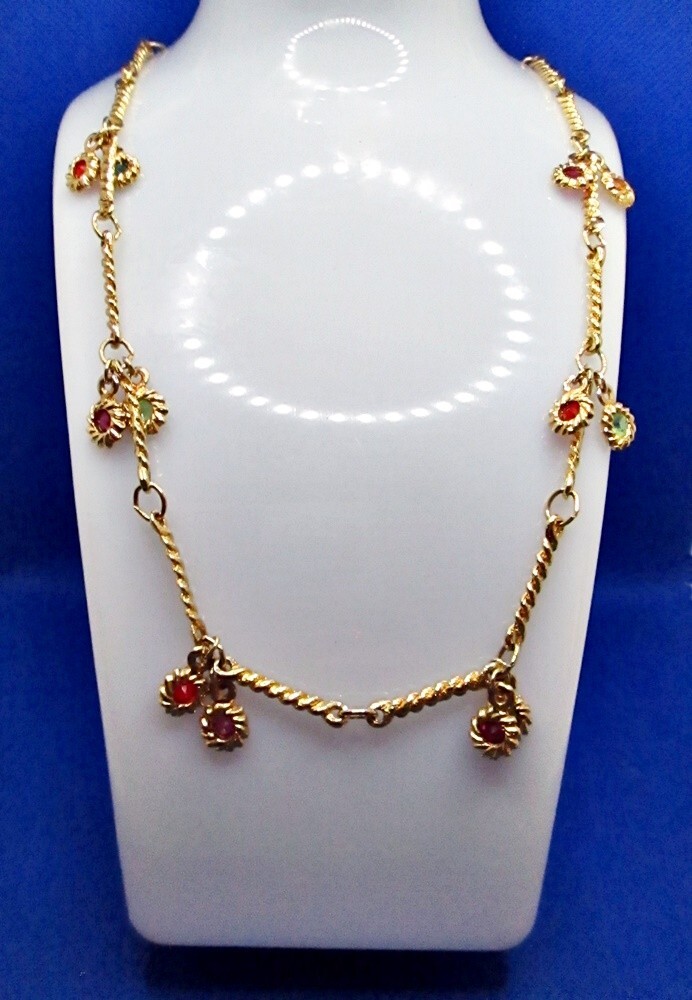 Gold Tone Necklace Bezel Multicolor Rhinestones 1″ Bar Links 26″ Chain