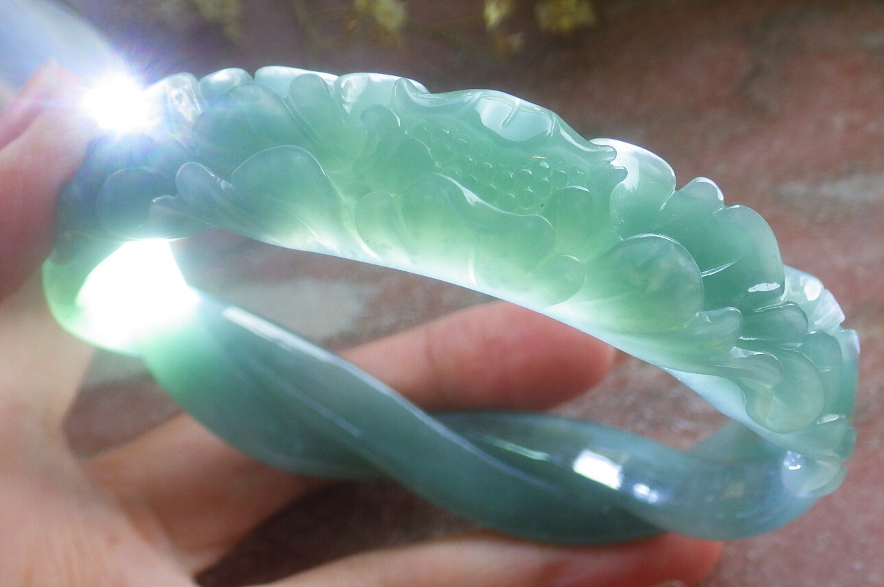 Video Certified Large Green A JADE Jadeite Flower Bangle Bracelet 69mm 200433 AS