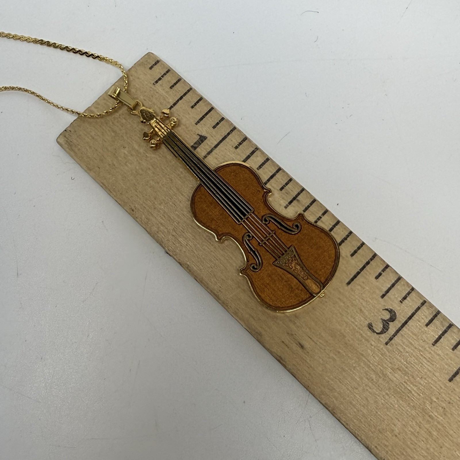 Vintage Future Primitive Gold Tone Enamel Violin Cello Pendant Long Necklace
